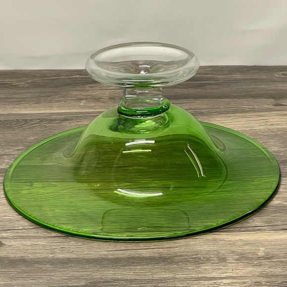 Vintage Mid-Century Italian Empoli Green Glass Tazza Compote Clear Foot Bowl 11" - Picture 9 of 9